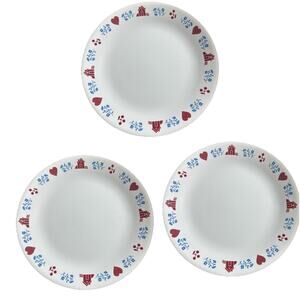 Vtg Corelle Hometown Pattern Dinner Plates 10 1/4'' Heart Red Barn Blue Flowers